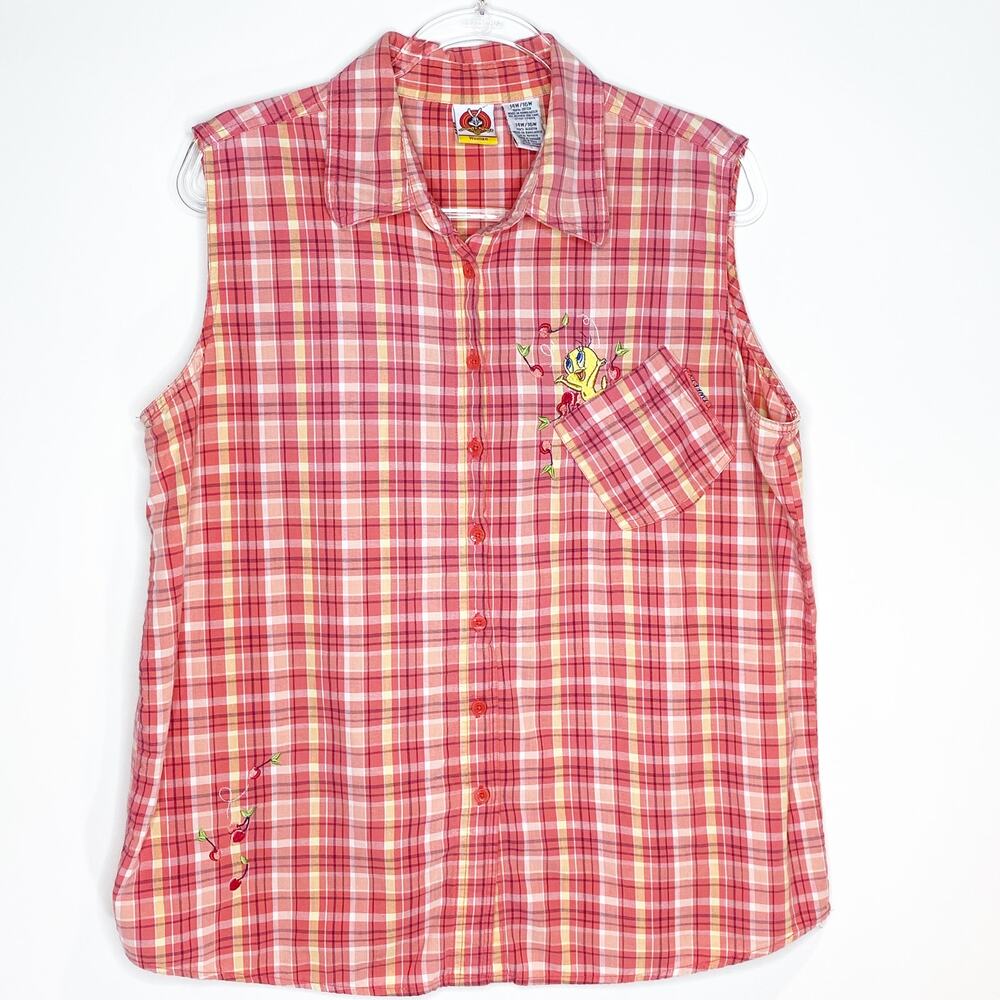 Looney Tunes Tweety Shirt Plaid Embroidered Sleeveless Button Up Size 14W 16W